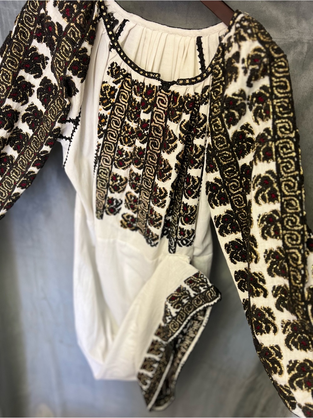 Ie Romania 🇷🇴 Embroidered White Peasant Blouse with Black & Gold Embellishment - Picture 3 of 7